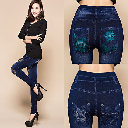 Women's Sexy Hollow Cut Elastic Pants Flower Print Skinny Jeans Denim Leggings