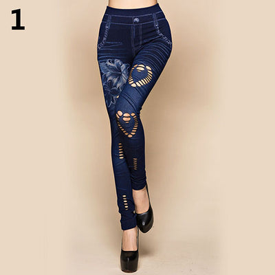 Women's Sexy Hollow Cut Elastic Pants Flower Print Skinny Jeans Denim Leggings