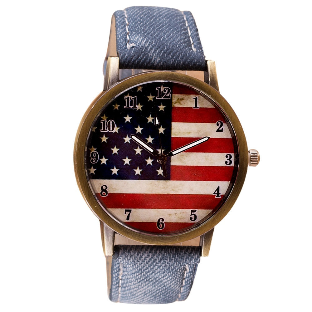 Fashion Wrist Watch American Flag pattern Leather Band