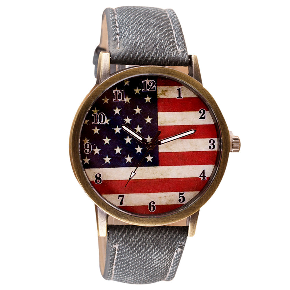 Fashion Wrist Watch American Flag pattern Leather Band