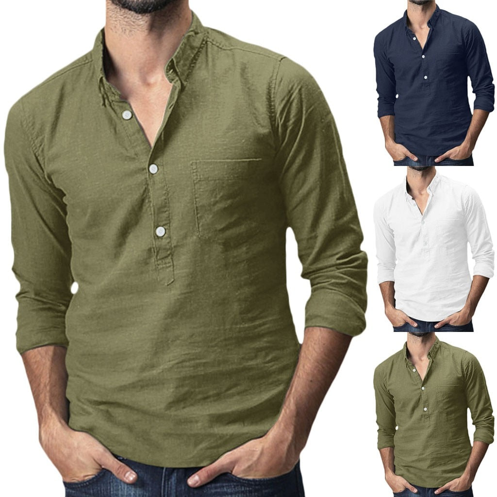 Summer Men's Baggy Cotton Linen Solid Multi-Pocket Short Sleeve Turn-down Collar Shirts hawaiian shirt camisa masculina
