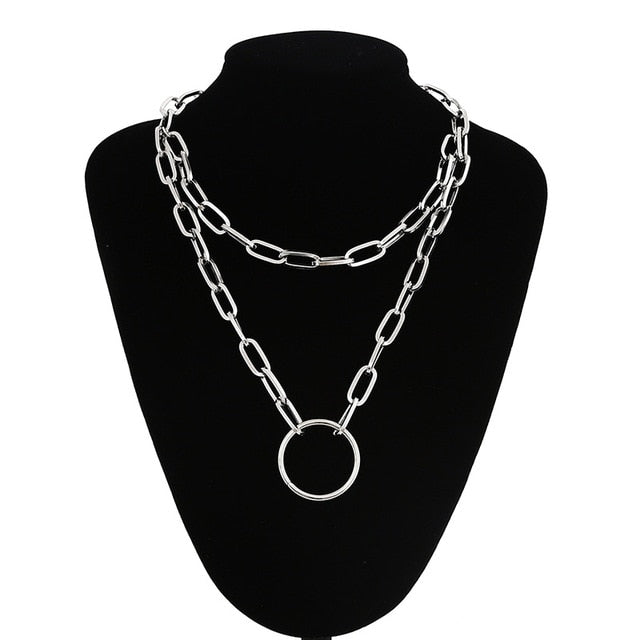Double layer Lock Chain necklace punk 90s link chain silver color padlock pendant necklace women fashion gothic  jewelry