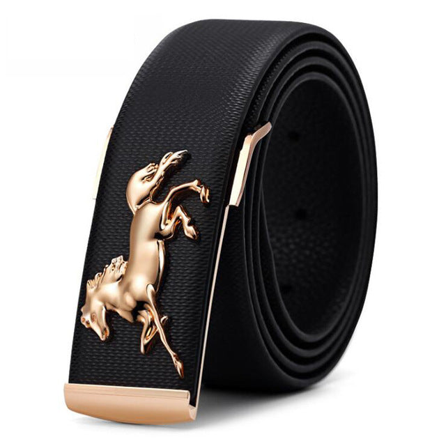 Hot Designer Men Gold Horse Buckle Belt High Grade Genuine Leather Belt