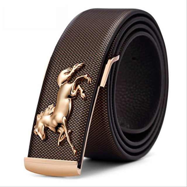 Hot Designer Men Gold Horse Buckle Belt High Grade Genuine Leather Belt