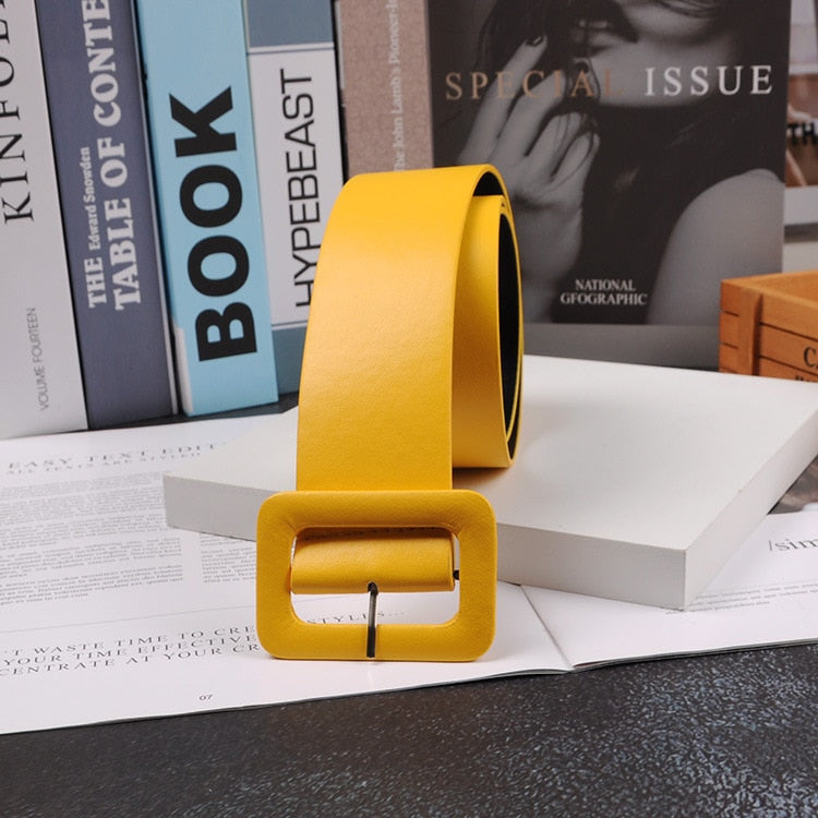 New Fashion Accessories Casual Female Belt Solid Plastic Head Smooth Buckle Belt Stylish Candy Color PU Leather Belt Yellow