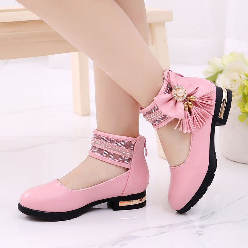 Children's Flats New Arrival Butterfly-knot Tassel Decorative Princess Party Performance Shoes Big Student girl Shoes for Kids