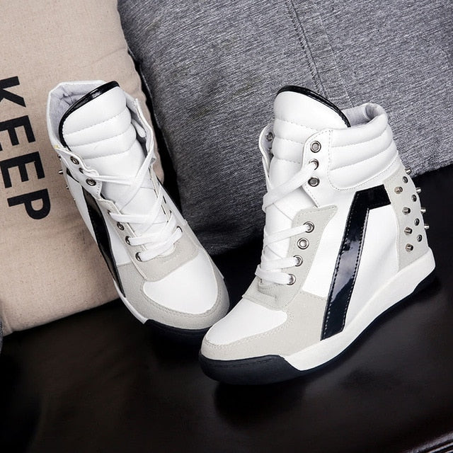 Hot Sales Rivets Black White Hidden Wedge Heels Casual Shoes tenis feminino High Top Shoes Trainers Women Zapatos Mujer 2019