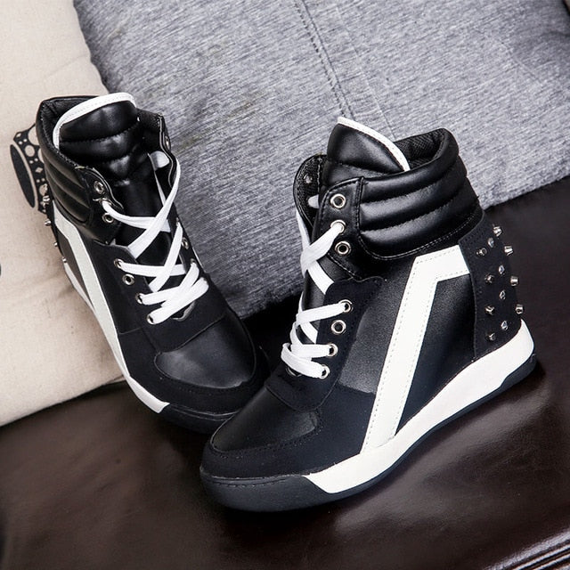 Hot Sales Rivets Black White Hidden Wedge Heels Casual Shoes tenis feminino High Top Shoes Trainers Women Zapatos Mujer 2019
