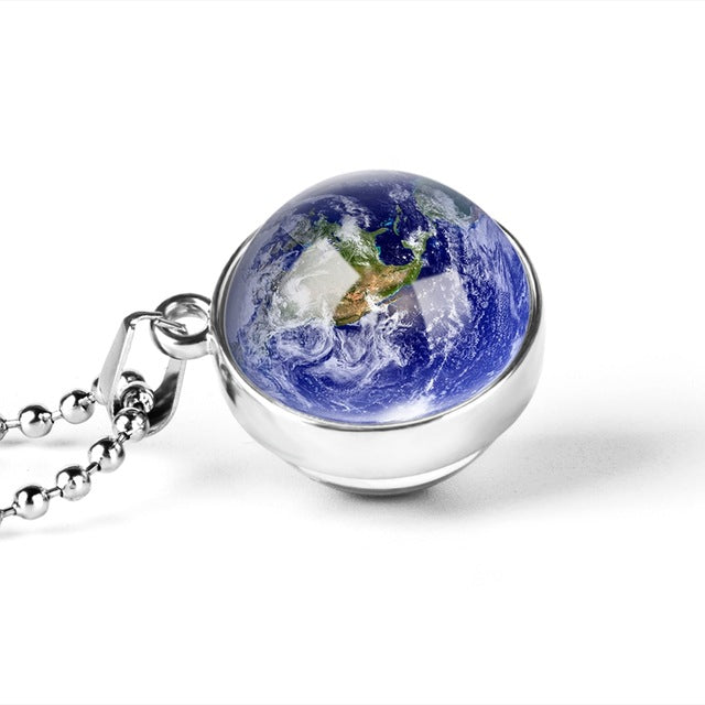New Personality Fashion Double Side Glass Ball Necklace Earth Planet Pattern Jewelry Galaxy Astronomy Pendant Necklace