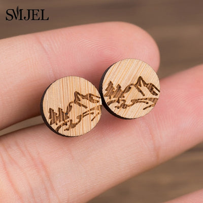 SMJEL Bohemia Wood Wooden Earings for Women Jewelry Flower Print Wave Tree Compass Small Earrings Piercing Jewelry Accessory