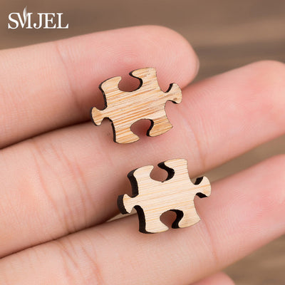 SMJEL Bohemia Wood Wooden Earings for Women Jewelry Flower Print Wave Tree Compass Small Earrings Piercing Jewelry Accessory