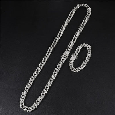 Iced Out Paved Rhinestones 1Set 13MM Gold Silver Full Miami Curb Cuban Chain CZ Bling Rapper Necklaces For Men Hip Hop Jewelry