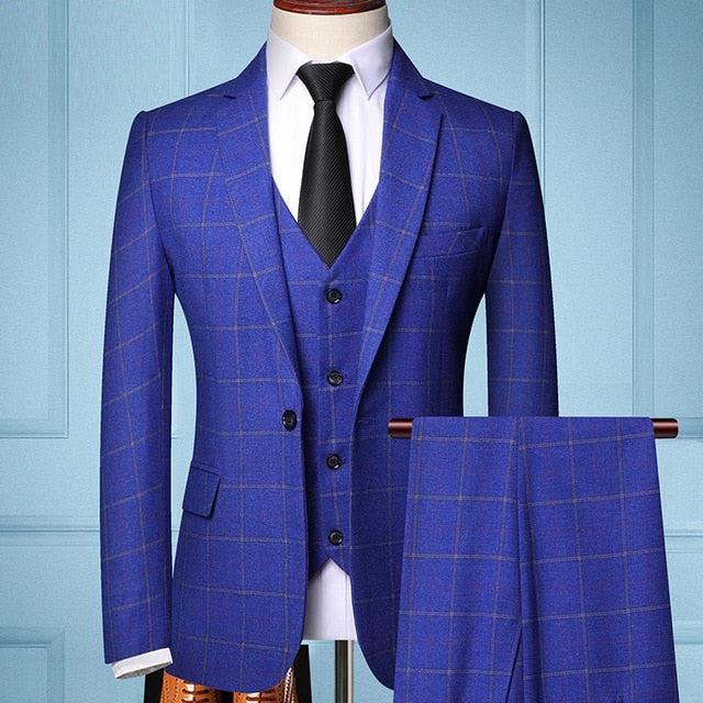 2019 Three-piece Male Formal Business Plaids Suit for Men's Fashion Boutique Plaid Wedding Dress Suit ( Jacket + Vest + Pants )