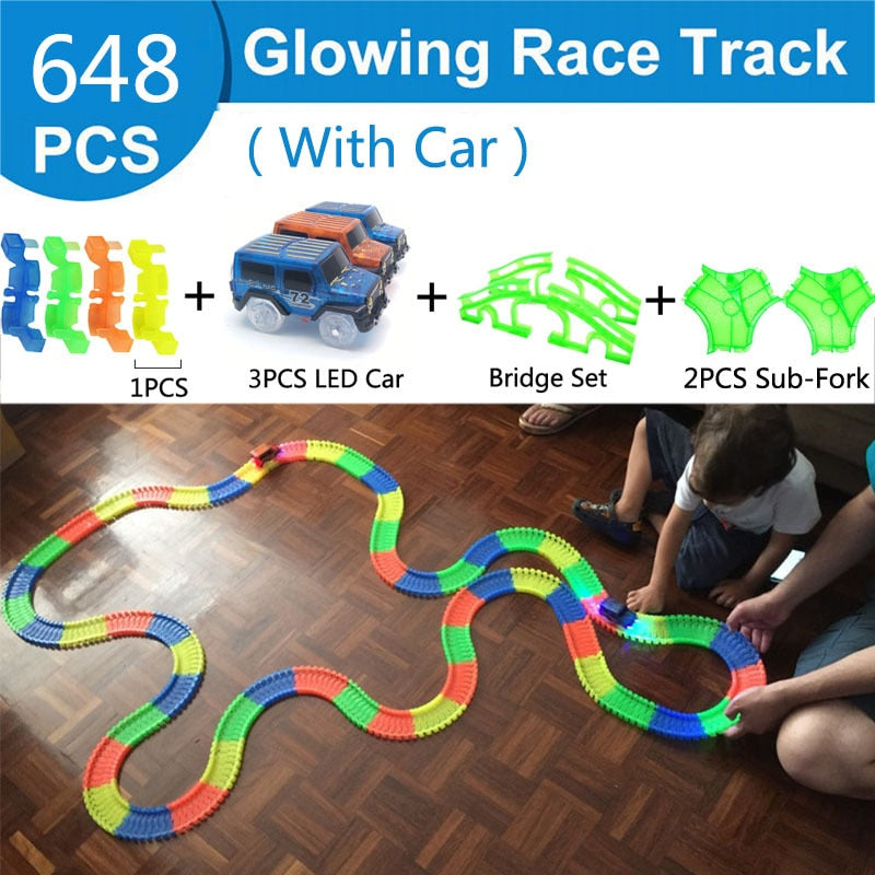 Railway Magical Glowing Flexible Track Car Toys Children Racing Bend Rail Track Led Electronic Flash Light Car DIY Toy Kids Gift