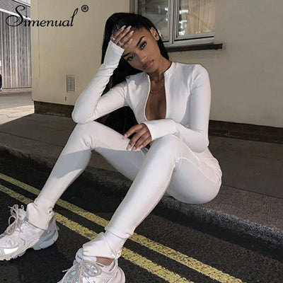 Simenual Casual Fitness Sporty Rompers Womens Jumpsuits Workout Zipper Activewear Long Sleeve Skinny Solid Jumpsuits Autumn 2019