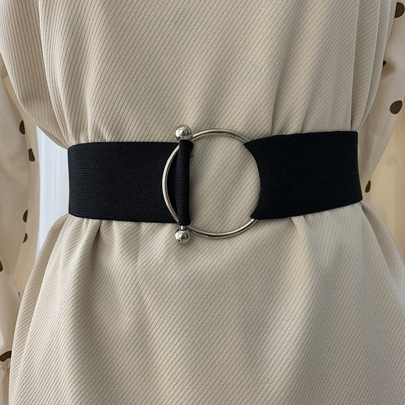 Belts for Women Black Simple Waist Elastic Ladies Band Round Buckle Decoration Coat Sweater Fashion Dress Rice White