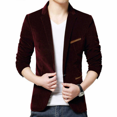 Fashion Men Slim Fit Blazer Formal Suit Jacket One Button Casual Coat Long Sleeve Dress Jacket Autumn Winter Corduroy Solid