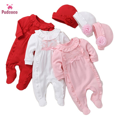 Pudcoco Newborn 18 Month Baby Girl Clothes Hat Lace Solid Floral Ruffle Long Sleeve Bowknow Footies Bebe Bodsuits One Pieces Set