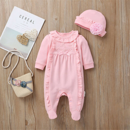 Pudcoco Newborn 18 Month Baby Girl Clothes Hat Lace Solid Floral Ruffle Long Sleeve Bowknow Footies Bebe Bodsuits One Pieces Set