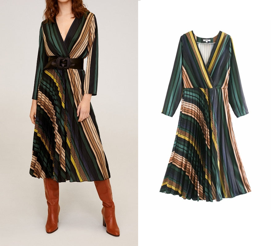 Za fashion dress women 2020 geometric elements print sashes silk dress long sleeve V-neck mid calf dress female vintage vestido