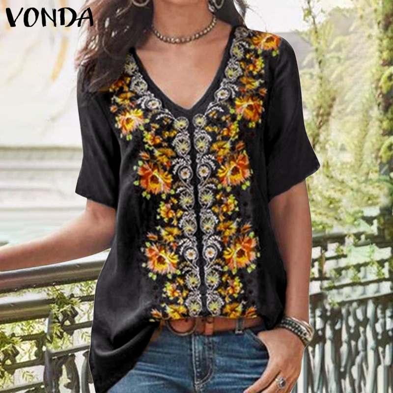 VONDA Tunic Womens Tops And Blouse 2020 Summer Vintage Floral Printed Shirts Female Short Sleeve Tops Plus Size Blusas S-5XL