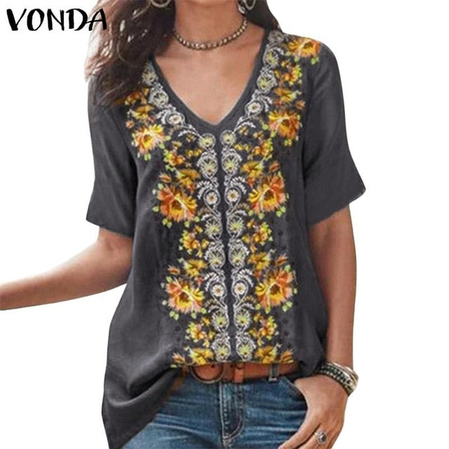 VONDA Tunic Womens Tops And Blouse 2020 Summer Vintage Floral Printed Shirts Female Short Sleeve Tops Plus Size Blusas S-5XL