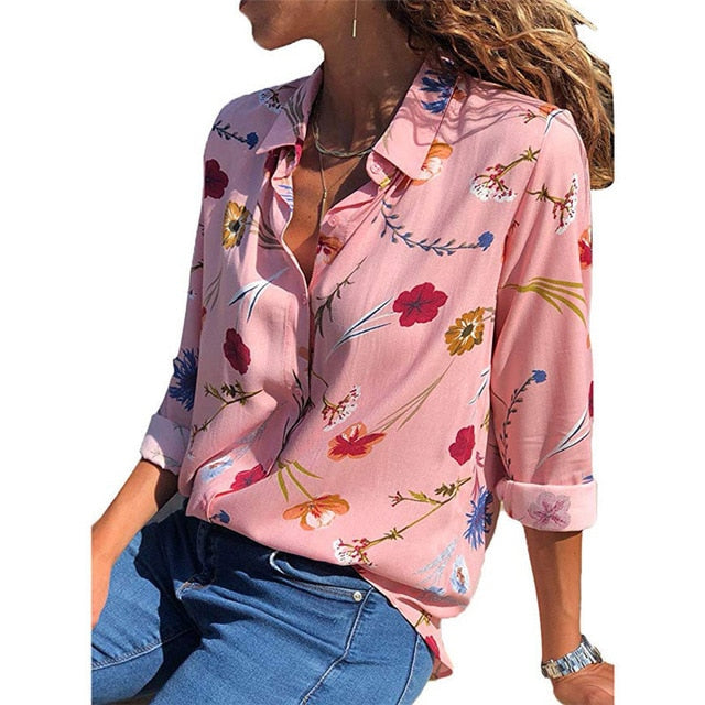 Womens Tops and Blouses 2020 Summer Floral Print Chiffon Blouse Long Sleeve Turn Down Collar Office Shirt Blusas Mujer Plus Size