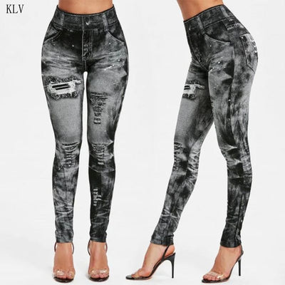 Women Imitation Distressed Denim Jeans Leggings Casual High Waist Slim Elastic Pencil Pants