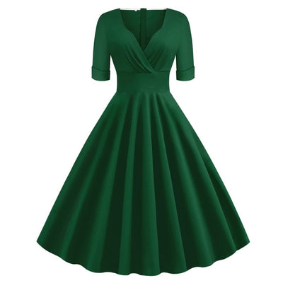 Tonval Green Solid Rockabilly 1950S Vintage Ruched V Neck Elegant Party Dress Women 2020 Summer Half Sleeve A Line Dresses