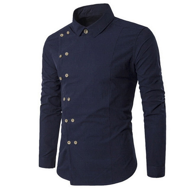 Plus Size Men Double Breasted Slim Fit Long Sleeve Shirt Men Turn Down Collar Shirt Male Vintage Court Style Camisas Masculina