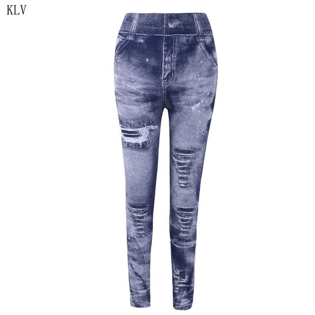 Women Imitation Distressed Denim Jeans Leggings Casual High Waist Slim Elastic Pencil Pants
