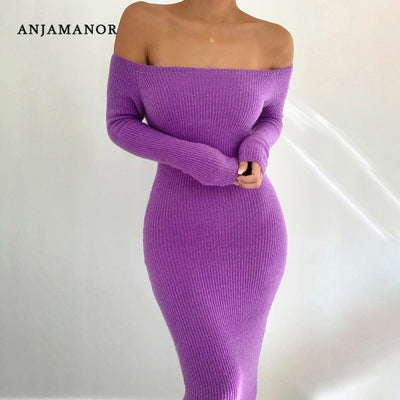 ANJAMANOR Sexy Knitted Sweater Dress 2020 Elegant Off The Shoulder Long Sleeve Bodycon Dresses Ropa Mujer Vestidos D76-AB11