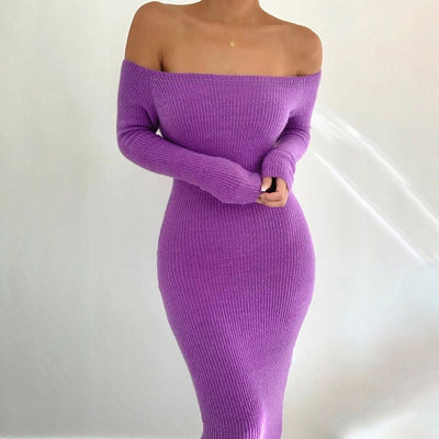 ANJAMANOR Sexy Knitted Sweater Dress 2020 Elegant Off The Shoulder Long Sleeve Bodycon Dresses Ropa Mujer Vestidos D76-AB11