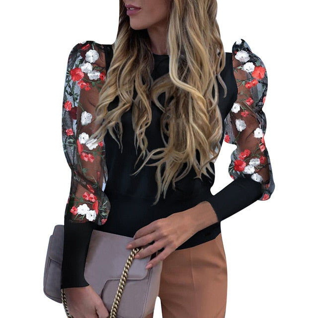 2020 Sexy Hollow Out Patchwork Mesh Shirt Blouse Women Fashion Puff Long Sleeve Top Floral Print Blusa Sweatshirt Mujer