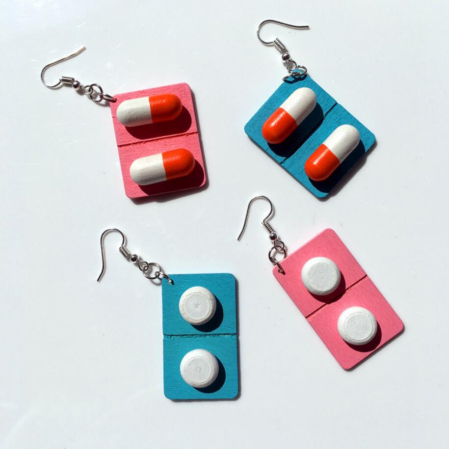 New cute creative wooden capsule drop earrings funny lovely pills medicine Dangle Earrings Fashion jewelry gift for girl