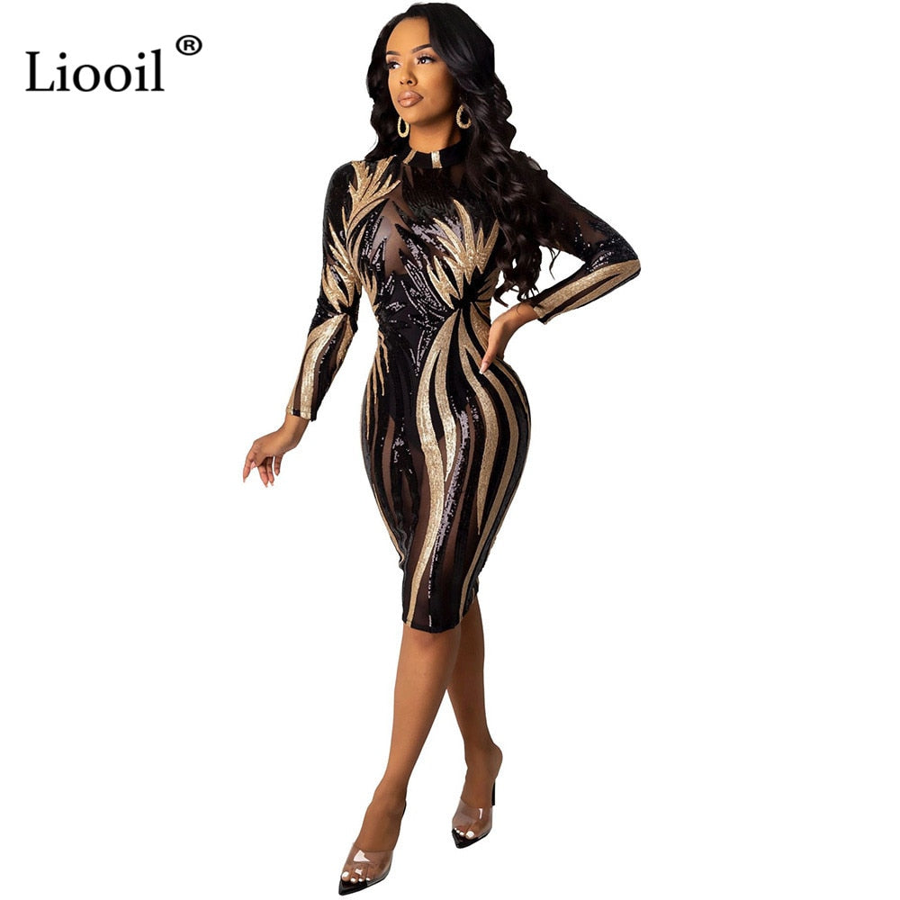 Women Black and Gold Sequin Dress Mesh Bodycon Midi Sexy Club Outfits 2020 Long Sleeve See Through Tight Dresses