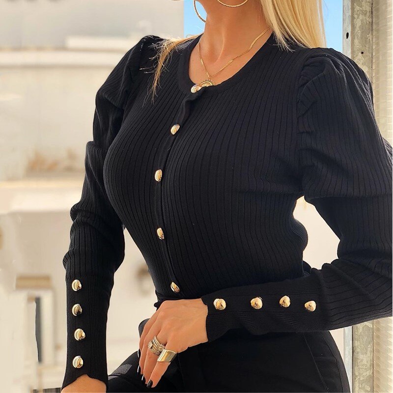 5XL Women Shirts 2020 Spring V-neck Metal Buttons Ribbed Knitted Blouse Fashion Long Sleeve Solid Plus Size Tops Autumn Pullover