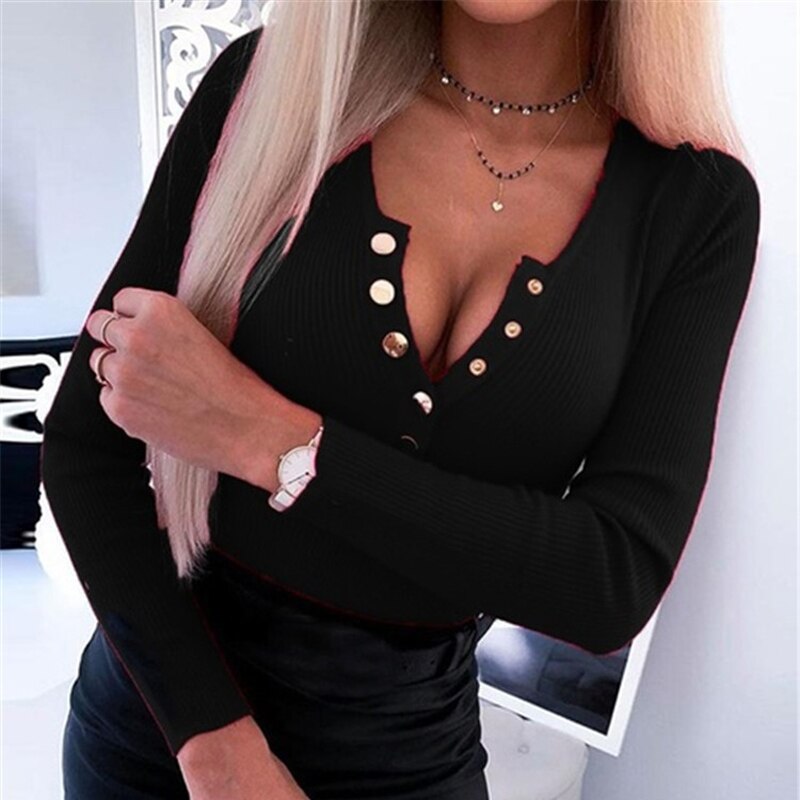 5XL Women Shirts 2020 Spring V-neck Metal Buttons Ribbed Knitted Blouse Fashion Long Sleeve Solid Plus Size Tops Autumn Pullover