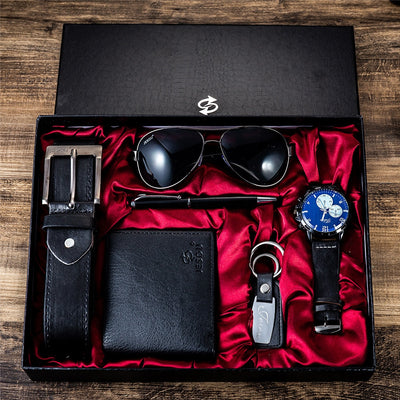 New Creative 6pcs Men's Gift Set Beautifully Packaged Watch Glasses Leather Belt Wallet Keychain Pen Great Gifts for Men