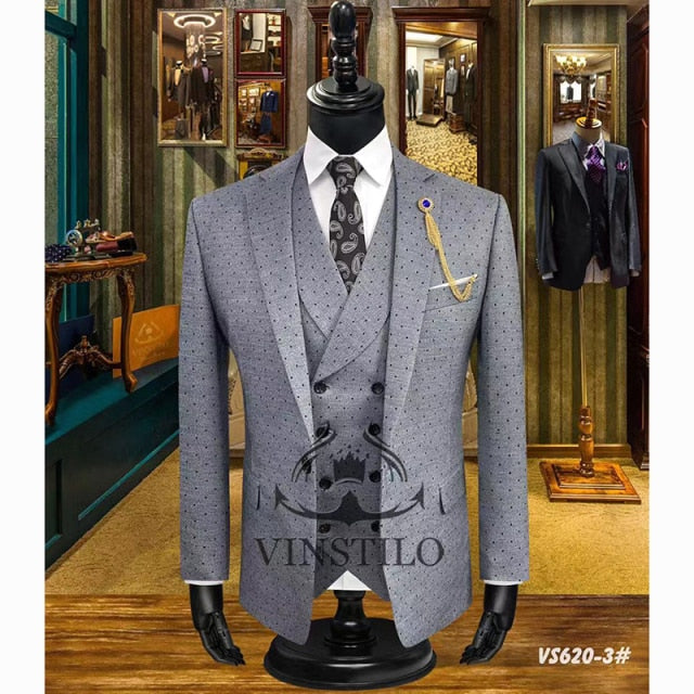 High-end Men Suit Plaid Slim Fit 3 Pieces Tuxedo Groom Best Man Wedding Suits Business Dinner Dress Blazer Vest with Pants Set