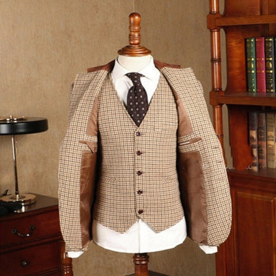 Brown Classic Plaid Tweed Suit for Men Slim fit Groom Wedding Tuxedo Blazer Male Formal Business Jacket Vest Pants 3 Piece
