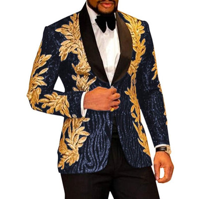 Shiny Beaded Gold Embroidery Mens Slim Fit Suits 2 Piece Jacket Pants Sets Groom Tuxedos Male Business Blazer Terno Masculino