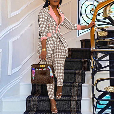 Women Pants Suit Houndstooth Print Hidden Breasted Blazers Tops Pencil Pants Two 2 Piece Sets Office Lady Fashion Outfits Autumn