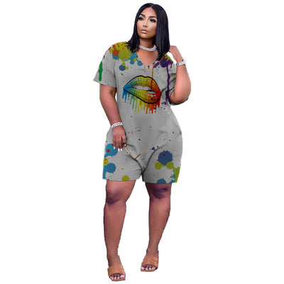Sexy V Neck Personality Splash Ink Lip Printing Fashion Pocket Loose Casual Jumpsuit High Street Women&#39;s Clothing Wholesale