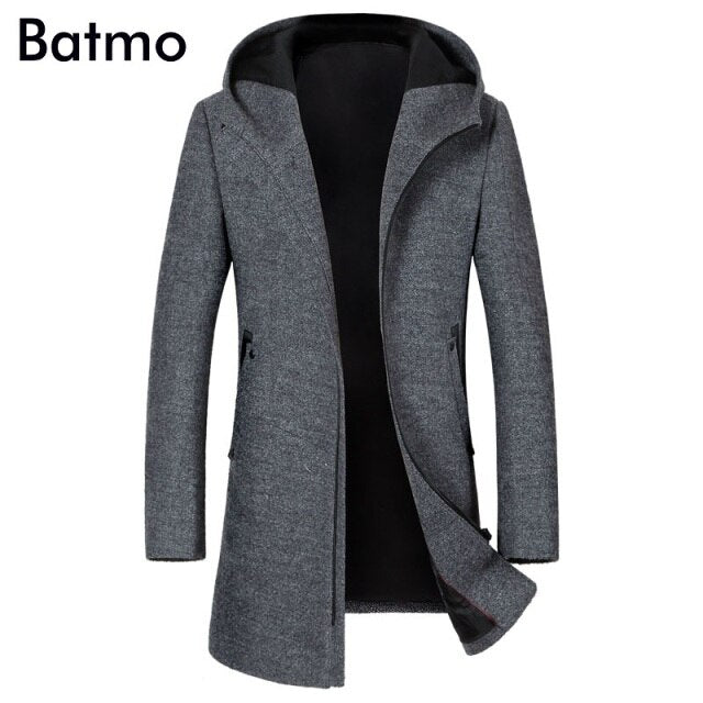 BATMO new arrival autumn&winter high quality wool hooded gray trench coat men,men's wool jackets,winter coat 1812