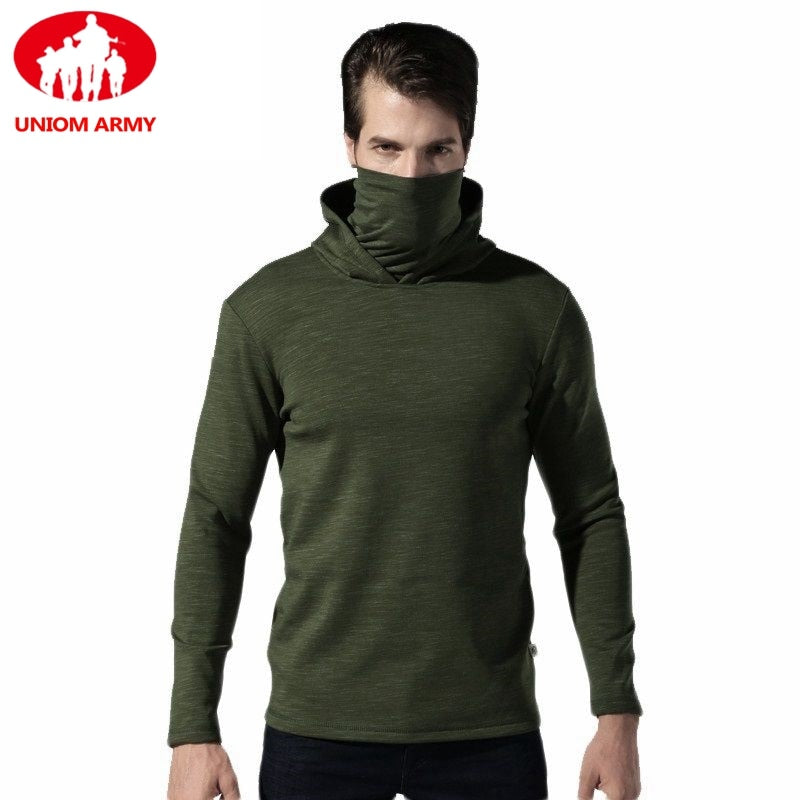Mens Tactical Fleece Army Hoodies Military Hooded Scarface Sweatshirt Male Slipknot Mask Turtleneck Pullover Windbreaker Black
